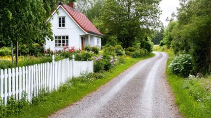 Lovely countryside house with garden and gravel road lined trees flowers