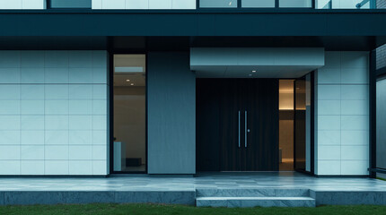 Modern Home Exterior with Gray Walls and Dark Door