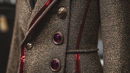Voluminous Mocha Mousse overcoat with dark red holographic piping and metallic buttons