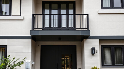 Modern building facade with off-white stucco walls, dark gray trim, black windows and doors, a dark gray balcony with black railing, and exterior lighting.  Landscaping is partially visible.