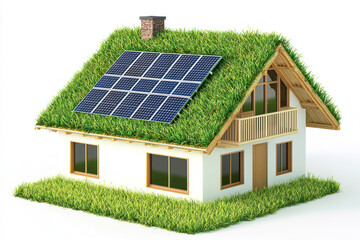 An Eco friendly residential house with solar panels and green grass roof