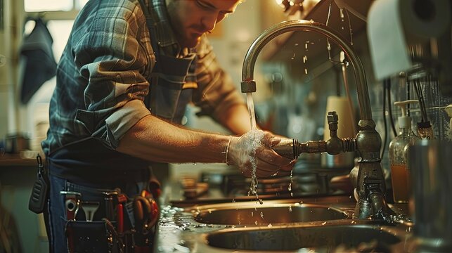 Handyman washing hands at a vintage kitchen faucet