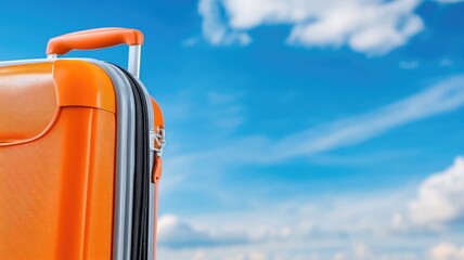 Orange suitcase against blue sky backdrop with clouds