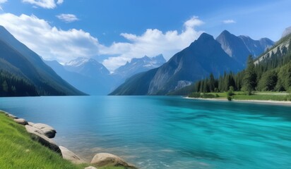 Obraz premium mountains and a body of water with a few rocks in the foreground