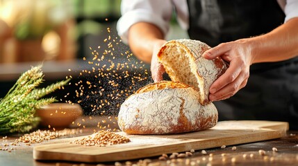 Wholegrain Bread Baking Process by Seniors with Fresh Ingredients and Flour Around on a Rustic Kitchen Table