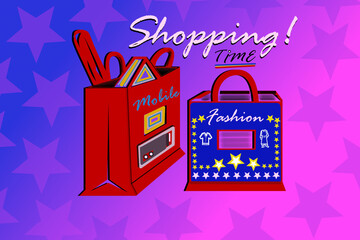 Tiempo de compras con bolsas de tienda y fondo de estrellas en azul y rosa. Shopping time!