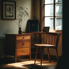 A wooden desk with a vase of flowers on it and a chair in front of it