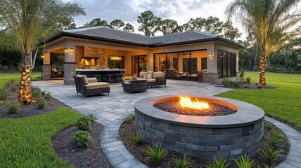 a patio, fire pit and outdoor kitchen area in the back yard of a florida home