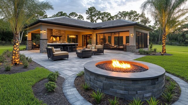 a patio, fire pit and outdoor kitchen area in the back yard of a florida home