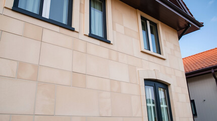 Obraz premium Beige Stone Building Exterior with Multiple Windows