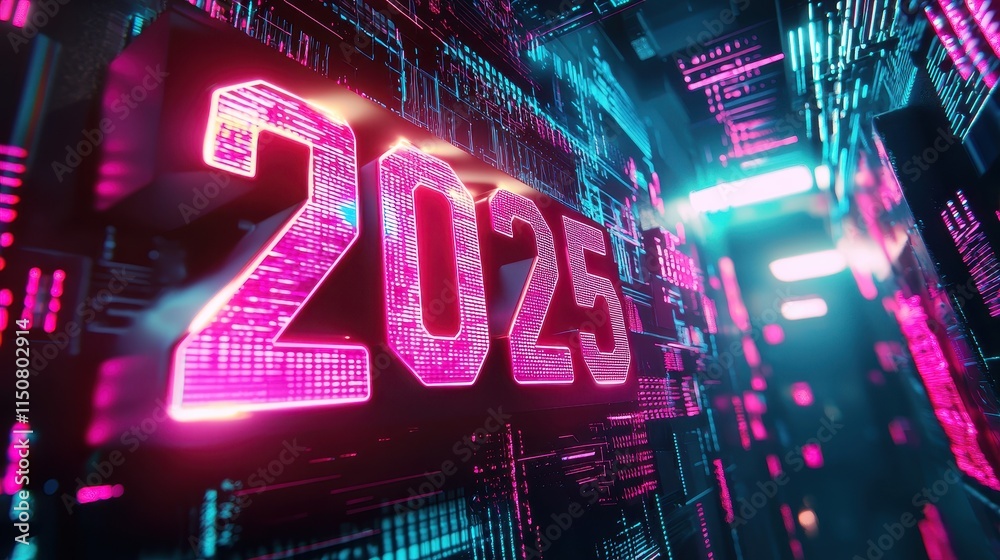 Poster futuristic 3d digital background with bold stacked numbers for 2025 in neon colors and high-tech com