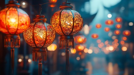 Glowing chinese lanterns illuminating a festive street at night