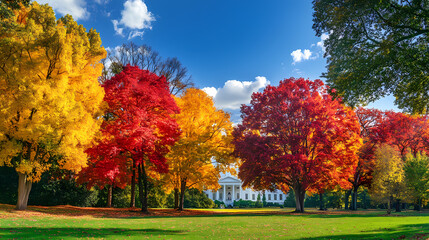 Vibrant Autumn Colors in Front of a Classic White Building