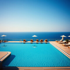 Fototapeta premium A sparkling blue swimming pool overlooks the vast ocean under a clear sky. Lounge chairs invite relaxation in this idyllic setting