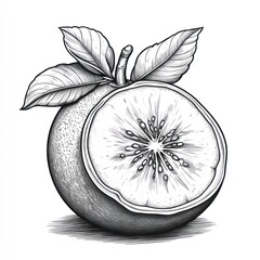 Cut kiwi sketch with leaves.