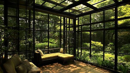 Sunlit conservatory with lush garden views and comfortable seating.