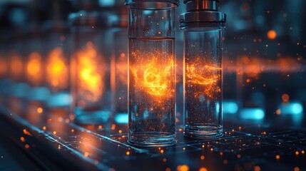 Glass vials containing glowing liquid, suggesting scientific experimentation or energy storage.