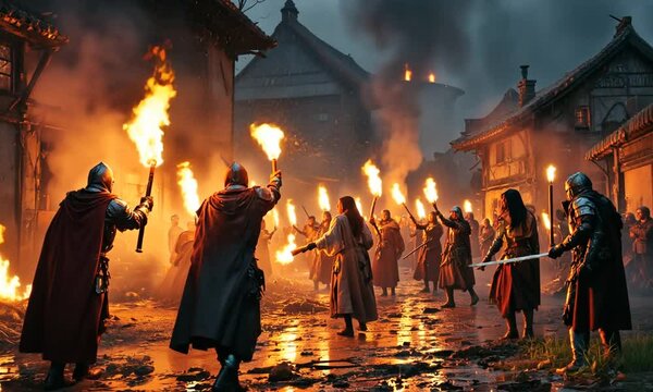 Attack of medieval warriors on village of city arson of houses and buildings