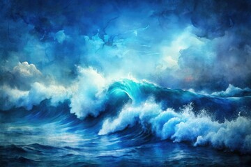 Fototapeta premium Blurred, hazy ocean waves in vintage blue watercolor; dark sea, artistic texture.