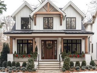 Fototapeta premium Front porch with double doors decorated for Christmas with wreaths, garlands and small Christmas trees