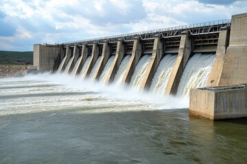 Majestic View of a Dam with Powerful Water Flow and Dynamic Lighting Under a Cloudy Sky, Showcasing Spillways in Action During a Dramatic Scene
