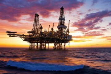 Obraz premium Vivid Sunset Over Oil Platform with Gentle Ocean Waves, Featuring Striking Orange and Pink Sky Reflected on Water, Captured in High Resolution