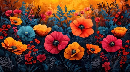 Fototapeta premium Vibrant Floral Landscape with Colorful Flowers and Lush Foliage