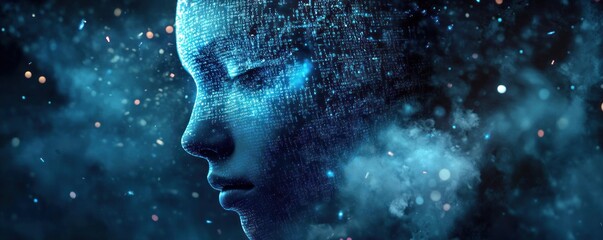 Abstract digital portrait of a person's face dissolving into particles.