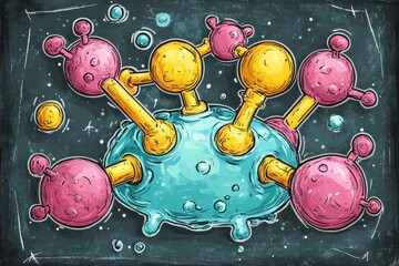 Playful Cartoon Style Illustration of the Chemical Structure of Water H2O on a Chalkboard Background with Bright Colors and Whimsical Elements