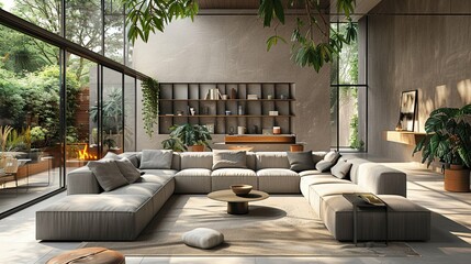 Modern, sunlit living room with sectional sofa, large windows, and indoor plants.