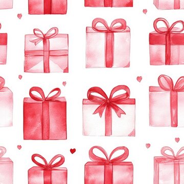 watercolor valentine's day presents pattern, in red and pink colors, on white background