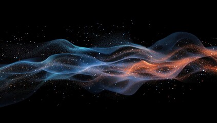 Abstract flowing light waves with blue and orange particles on a black background.