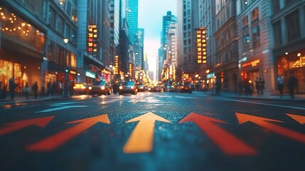Plakat City street at dusk with upward arrows painted on the road.