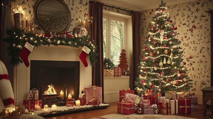 Fototapeta premium Cozy Christmas Fireplace and Decorated Tree in a Classic Home