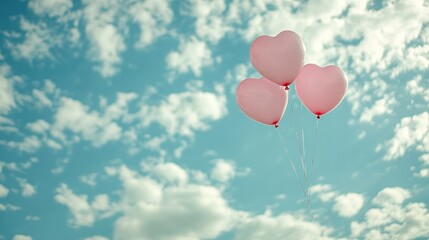 Fototapeta premium Three pink heart-shaped balloons floating against a blue sky with fluffy clouds.