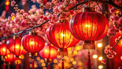 Obraz premium Chinese New Year's festive red lanterns glow, casting a magical light on blossoming trees, a beautiful Asian tradition.