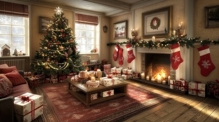 Obraz premium Festive Christmas Living Room with Decorated Tree and Fireplace