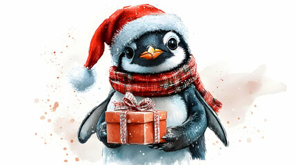 A cheerful penguin wearing a Santa hat, holding a present, perfect for holiday and festive themes.