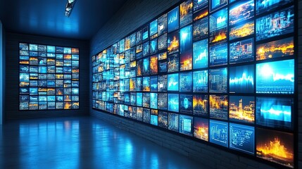 Data visualization wall with numerous screens displaying graphs, charts, and data streams in a dark room.