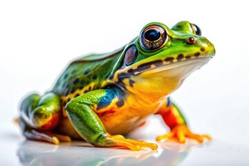 Naklejka premium Chubby toad and tadpole, a colorful amphibian closeup, isolated on white, macro detail.