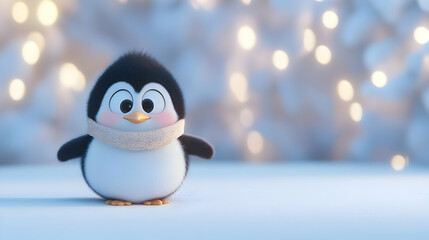 Obraz premium A cute cartoon penguin wearing a scarf, set against a soft, blurred background with twinkling lights.