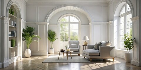 Fototapeta premium Classic white archway interior photography: ideal for showcasing furniture, art, and home décor.