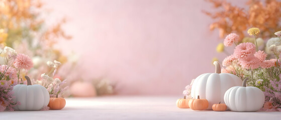 A serene autumn scene with colorful flowers and decorative pumpkins, creating a cozy seasonal atmosphere.