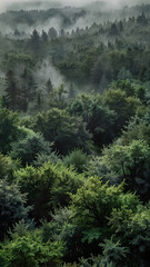 Fototapeta premium Aerial perspective of a green forest with fog lingering between trees misty atmosphere captured from above Photography