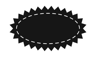 Oval shape with zigzag borders and dashed stitch line. Empty price, discount, sale offer, coupon, promo code tag. Speech bubble, message or text box isolated on white background. Vector illustration.