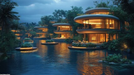 Obraz premium Modern floating villas surrounded by lush greenery and tranquil waters at dusk.