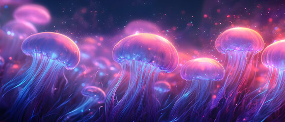 Obraz premium A vibrant underwater scene filled with luminous jellyfish, showcasing their elegant movement and ethereal colors.
