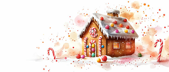 A whimsical gingerbread house decorated with colorful candies and icing, perfect for holiday cheer and festive spirit.