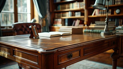 Antique Wooden Desk in a Study with Books and a Leather Chair