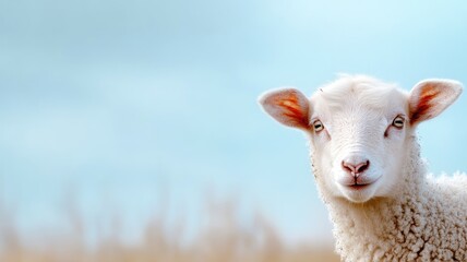 Obraz premium Close-up of white sheep with blue sky background